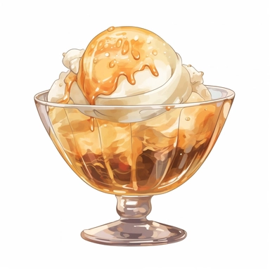 Watercolour of a toffee Ice Cream in a glass bowl , Clipart,Cartoon,hyper realistic, intricate detail isolated on a white background, high quality, sublimation, detailed, cartoon style