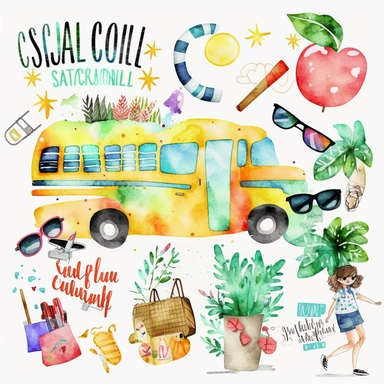 watercolor summer vacation from school clip arts, end of school year clipart, white background, no letters