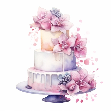 full perspective, watercolor three tier wedding cake clipart, add flowers and glitter, on a white background