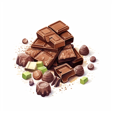 one chocolate clipart on a white background, in the style of watercolor illustrations, tilt-shift lenses, detailed sketching, vibrant color choices, elaborate borders, isometric, assemblage pieces, no watermark, text, 300 DPI , typography, shapes do not stick together, no text in the picture, on a white background