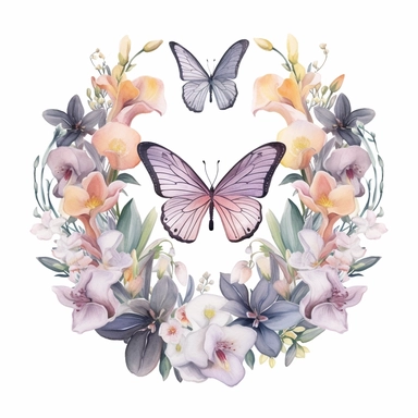 Design a dreamy watercolor clipart of a Bouquet of butterfly-shaped flowers such as orchids, lilies, and calla lilies arranged in a whimsical and enchanting display composition, hand-painted with soft and graceful brushstrokes. Draw inspiration from the artistic finesse of Ethereal Petals Watercolors for a refined and ethereal depiction. isolated on a white background, hand-drawn illustration, hand-painted watercolor texture, 16k UHD resolution, intricately detailed, sharp focal points, designed