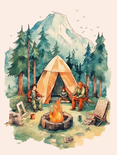 create a hand drawn watercolor clipart depicting campfire surrounded by tent, camping gear, and people enjoying the warmth of the fire, 4k,