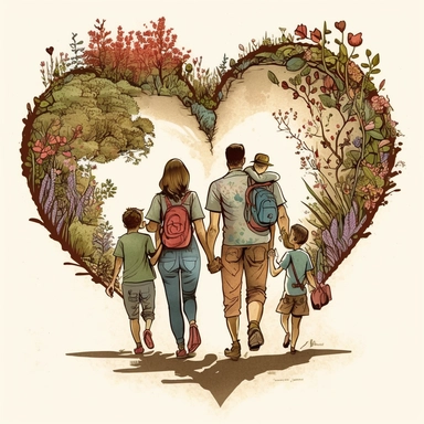 a cute loving American family of 4 (with perfect body figures) hiking in a magical BOOKS (a perfect close-up single-point-perspective view from the back) with its own habitats (flowers and plants) made into a natural-heart-shape, vintage in watercolor style clipart, use darker tones, higher saturation colors, Banksy artstyle with minimal effects, super creative watercolor, white background