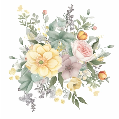 detailed floral clipart featuring an assortment of soft pastel flowers and soft green foliage arranged in an elegant bouquet, wedding style, on a white background, the composition should highlight the delicate petals, intricate patterns, and unique shapes of the individual flowers. Capture the essence of a flourishing garden with a harmonious blend of colors and a variety of floral elements, including roses, tulips, daisies, and wildflowers. Present the clipart on a transparent background, allow