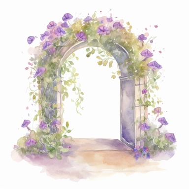 Watercolour illustration, A clipart image of a charming arch covered in blooming morning glory flowers, creating a picturesque entryway, on white background