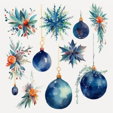 Design a collection of watercolor clipart images featuring elegant Christmas motifs such as snowflakes, stars, and ornaments. The images should have a sophisticated, upscale feel with clear lines and rich, luxurious hues. The clipart should be suitable for use in upscale holiday party invitations and other similar projects