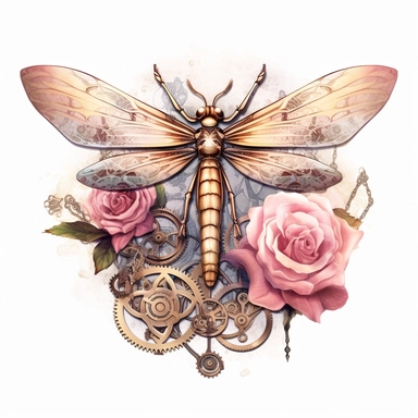 Steampunk style pink detailed dragonfly with watercolor effect,pink roses,high resolution,unrealistic fantastic,white background,suitable for digital cliparts,fantastic scene,high quality