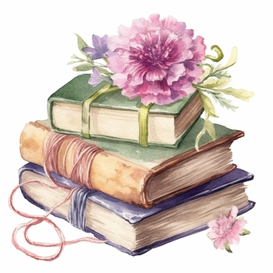 watercolor clipart of beautiful pastel old pile of books wrapped wiith cords and carnation purple flowers ornament, vintage style