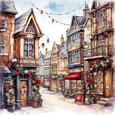 Christmas street, Ornamental watercolor, clipart, I can't believe how beautiful this is , style by Lucy Fleming, watercolor, smooth gradients, black contour outline, ultra detailed, clipart elements, delicate pastel colors, solid white background, super clear, high quality