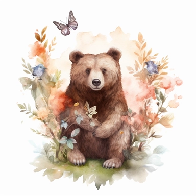 Generate a cute, happy cartoonish watercolor-style clip art of a mystical brown bear on its back, in pastel light tones, Oak tree, birds, leaves, and flowers around the brown bear, white canvas, white background, high detail, 8k