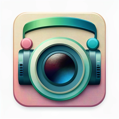 app icon, camera lense wearing headphones, green, pink, blue, 2d, minimalist clipart