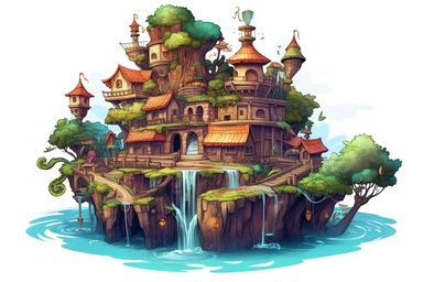 A vector clipart of a mystical floating island in a fantasy village, with cascading waterfalls, floating vegetation, and mythical creatures, in the style of surreal and vibrant vectors, viewed from a breathtaking perspective, hd, spaced out, on a white background