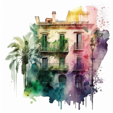 CLIPART WATERCOLOR ON AQUARELLE SPLASH, BARCELONA CASA MILLA ARCHITECTURE COLORFUL