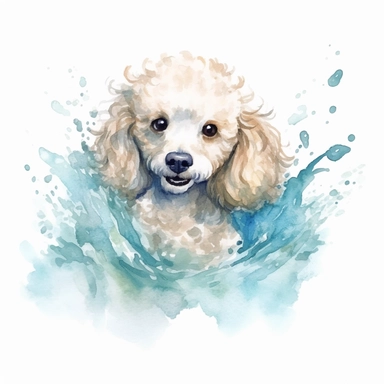 a charming watercolor clipart image of a Poodle with a white background, swimming