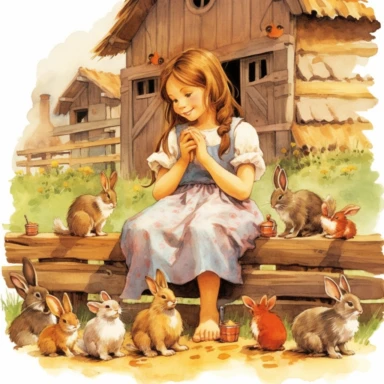 little village girl, sitting,talking to bunnies and birds, daytime,clipart,9:16