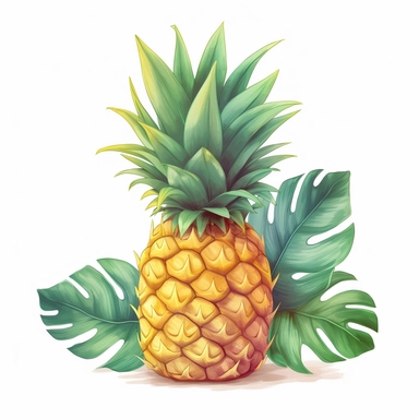 Cute Clipart Pineapple on white background: A yellow and spiky pineapple with green leaves at the top, representing the sweet and juicy fruit that is synonymous with tropical destinations. Pineapples are not only delicious but also symbolize hospitality and warmth
