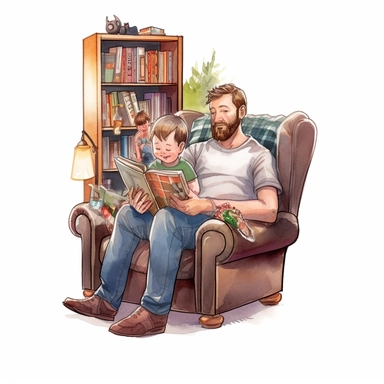 A father and son reading a book together, with a cozy armchair and a bookshelf in the background, Watercolor, Clipart, detailed, high resolution, transparent background PNG