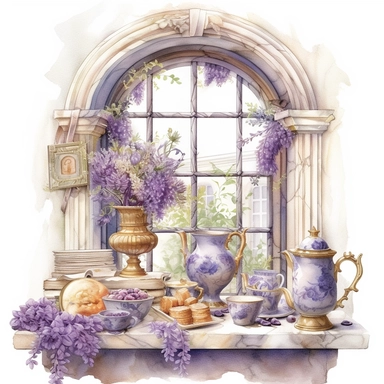 watercolor mixed media masterpiece royal kitchen beautiful window with porcelain dishes and books and basket with flowers, richly decorated with lavender and flowers, golden accents, provence, by Adonna Khare style, Baroque style, PNG clipart, isolated on white, extreme photorealistic details, 32k HD resolution, realistic high detailization high resolution