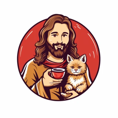 Jesus holding a cute cat and drinking coffee , clip art