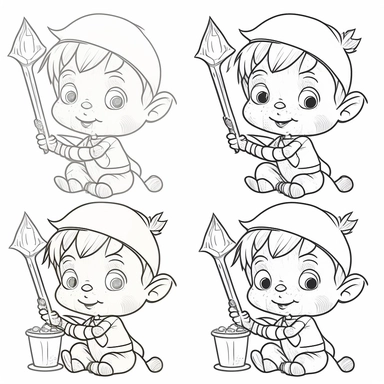 clip art coloring book page for toddler. four different images of an Elf. white background. simple line drawing. very low detail.