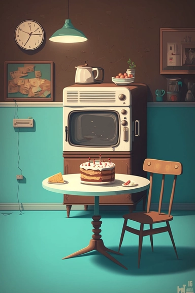 Stunning art of room landscape, happy birthday cake, minimalism, bright colors, old antique tv , walls , clock, table , chair , clip art, blue brown black and white color