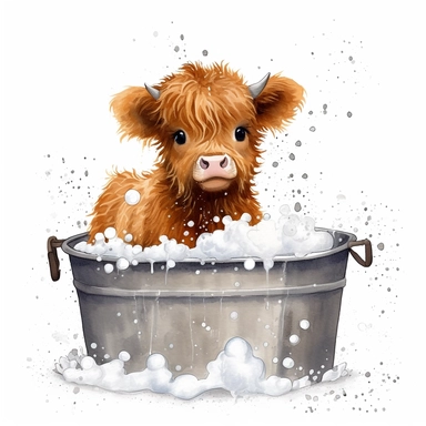 highland calf in a wash tub with bubbles, clip art, white background