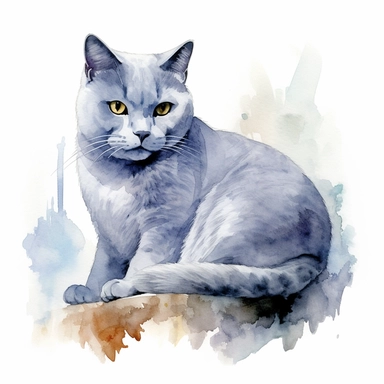 Clipart, watercolor, white background: A Chartreux cat in a relaxed pose, representing its calm and laid-back temperament.