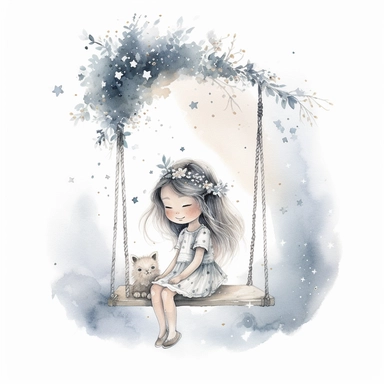 pale soft little girl, 5 years, long haïr, sitting on a swing hanging under a très, with flower headband, in the style of whimsical, stars, moon, detailed character illustrations, book illustration, watercolor style, textured paper, white background clipart