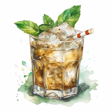 Mint Julep: A classic Southern cocktail made with bourbon, mint leaves, sugar, and crushed ice.watercolor, clipart