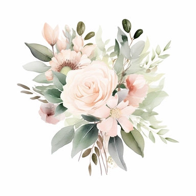 soft blush flower bouquet, with ombre sage green leaves, watercolor, uplighted, white background, 300 dpi, suitable for a clipart, no frame, no mock up