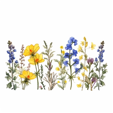 Pressed boho cottagecore Forget me-not, Marigold, Dandelion, cornflower and sweet pea floral border wildflowers with Pinnate, scale-like and linear foliages floral nature garden border, clipart with white background