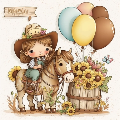 cute cartoon drawing, a garland of balloons ,pastel cute little Cowboys Clipart, sweet little girl Cowgirl Clipart, Cowboy Clip Art, Wild West Clipart, Sheriff Clipart, Western Clipart, Western Cowboy, sunflowers, a wooden cart, cute horse riding , wooden barrel, wooden fence,