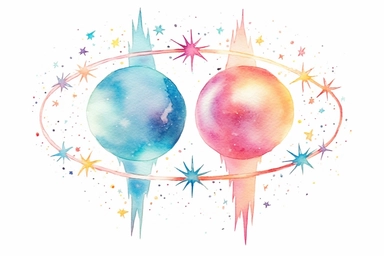 Watercolor, Design a binary star system with two stars orbiting each other in a cosmic dance clipart, hd, on a white background, spaced out