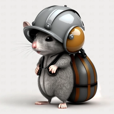 gray mouse with cap wearing backpack and holding a basket ball, boring mine, white background, clipart