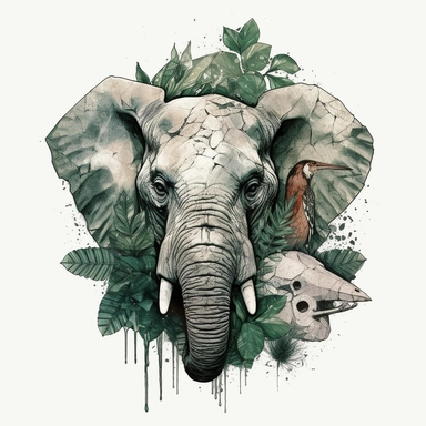 concrete illustration of a double exposure jungle animal head with torso & jungle drawn with stones, clipart