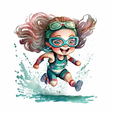 a watercolor painting of chibi Triathlete girl jumping out the water, wearing googles, wearing a triathlon gear, with athletic outfits, full body, smiling, Sport graphics, action clipart, 8k, watercolor, isolated on white background