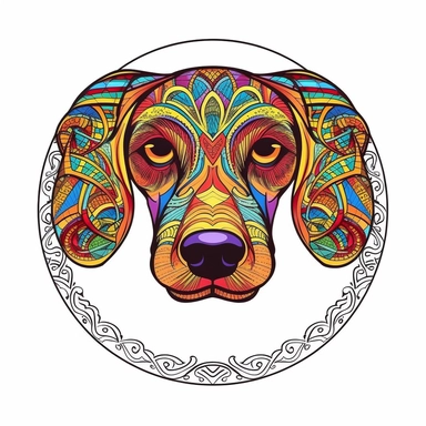 logo, mandalas dachshund dog , head, facing front, cute, circle frame, cartoon clipart, vector, bold line, white isolated background, high definition