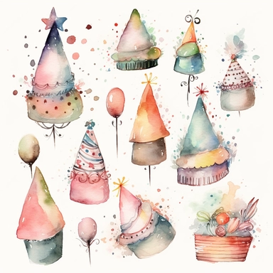 clipart, clip art, doodles, drawings, birthday, birthday cake, birthday hat, birthday decorations, hand painted, watercolor, soft colors, nursery, white background, simple style, high definition, 8k