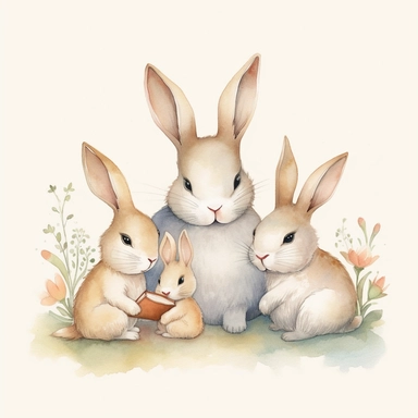 cute little rabbit family, cute bunnies, clipart, watercolor, white background, colorful, high quality, high definition, 8k