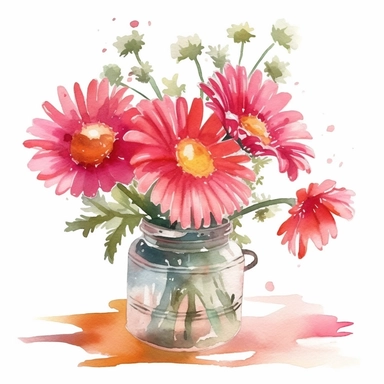 pink daisy flower in vase clipart, watercolor