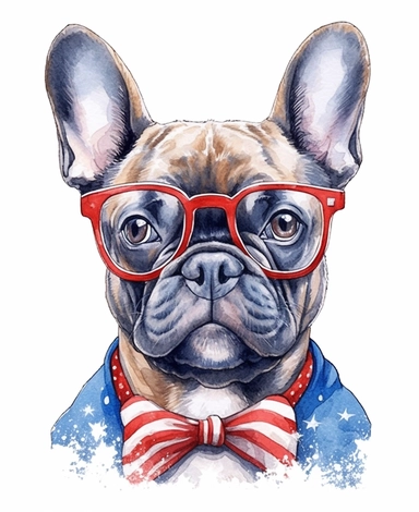 Watercolor Patriotic French Bulldog werring a usa flag clipart, hd, isolated on white background, spaceout,hand drawing, thick lines, no shading, vivid color, low detail