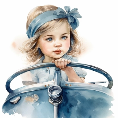 adorable cute vintage little girl in driving in cute blue cabriolet, clipart style, watercolor technique, no background, super cute, high quality clipart