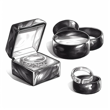 Hand drawn black shiny ring box, set of silver wedding bands, glamorous, very detailed and realistic, watercolor, clipart style, white background with margins