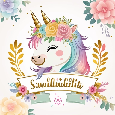 cute unicorn in chibi style with flowers in hair, colourful rainbow colours, well lite, with name plate ribbon with gold trim, watercolor clipart using procreate grain brush, svg white background