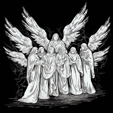 sketch clipart of group of flying angels, hd, white on black background, spaced out,--ar 3:2