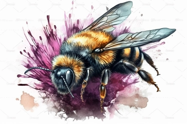 Aquarelle Bumble Bee Clipart On the thistle flower, detailed painting, white background, single design, isolated white background, 8k, spaced out