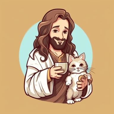 Jesus holding a cute cat and drinking coffee , clip art