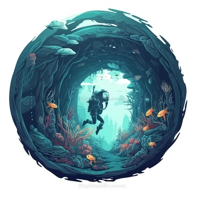 a Super Gorgeous deep sea diving cave, 2D concept simplified illustration on white background. clipart, highly detailed, vibrant, ultra high quality, 2D vector, best quality, no watermark