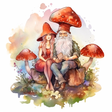 Watercolor magical gnome couple sitting on a toadstool, watercolor clipart on white background, vivid colors, enchanting scene clipart on a white background in the style of feminine sticker art, Tanya Shatseva, storybook illustration, red, white and caramel tones, Georgia O'Keeffe, colored line art, colored outlines, cottagecore design, watercolor on white background, crisp tones, sticker outline, colored line art, colored outlines, iridescent ombre, gradient shading, pure tone, vibrant digital 