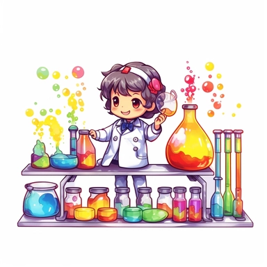 kawaii japanese style rainbow science lab filled with bubbling test tubes, beakers, and a quirky scientist conducting experiments with funny results, Best quality, 8K, HD, white background, no background, sublimation file, png, 2d, Cute kawaii style, vect